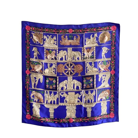 Hermes Paris Scarf Torana Square Silk Elephant Lion Horse Buddha Temple VTG - Picture 1 of 14